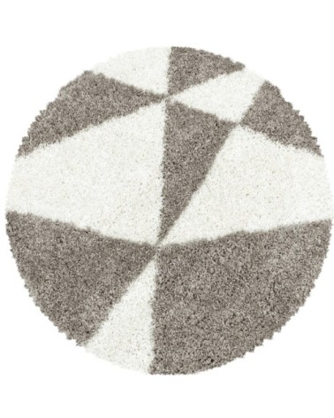 Tapis rond à poils longs géométrique beige et blanc 200x200cm