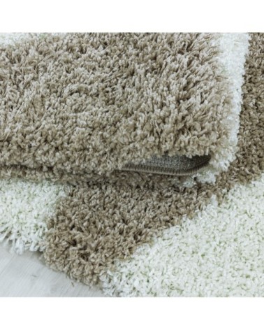 Tapis rond à poils longs géométrique beige et blanc 200x200cm