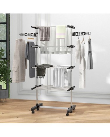 Étendoir pliable ailes latérales 6 roulettes acier noir