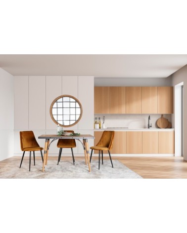 Chaise en velours, bois et mousse de moutarde 50x53x86