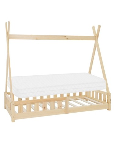 Lit tipi enfant 80x160 cm matelas et barrière inclus bois de pin beige