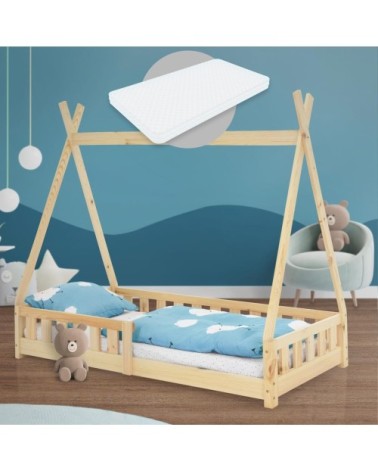 Lit tipi enfant 80x160 cm matelas et barrière inclus bois de pin beige