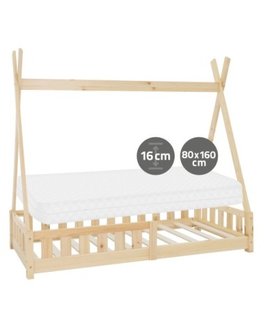 Lit tipi enfant 80x160 cm matelas et barrière inclus bois de pin beige