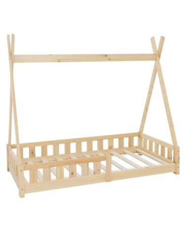 Lit tipi enfant 80x160 cm sommier et barrière inclus bois de pin beige
