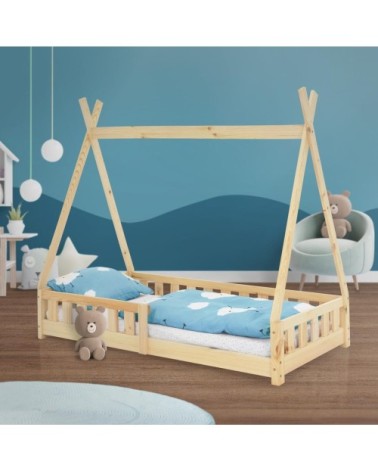 Lit tipi enfant 80x160 cm sommier et barrière inclus bois de pin beige