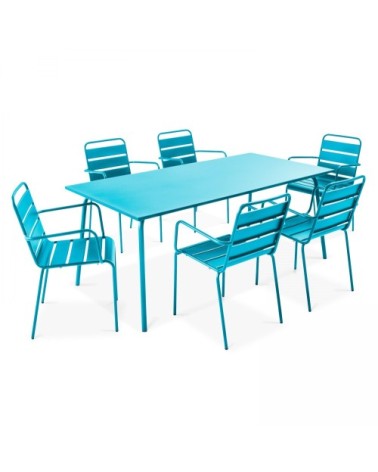 Ensemble table de jardin et 6 fauteuils en métal bleu