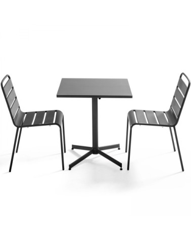 Ensemble table de jardin carrée et 2 chaises métal gris