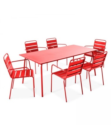 Ensemble table de jardin et 6 fauteuils en métal rouge