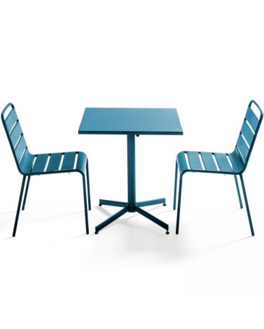 Ensemble table de jardin carrée et 2 chaises métal bleu pacific