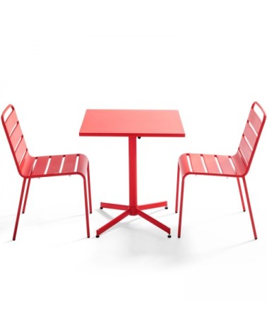 Ensemble table de jardin carrée et 2 chaises métal rouge