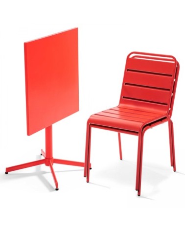 Ensemble table de jardin carrée et 2 chaises métal rouge