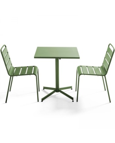 Ensemble table de jardin carrée et 2 chaises métal vert cactus