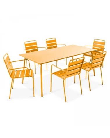 Ensemble table de jardin et 6 fauteuils en métal jaune