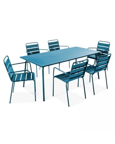 Ensemble table de jardin et 6 fauteuils en métal bleu pacific