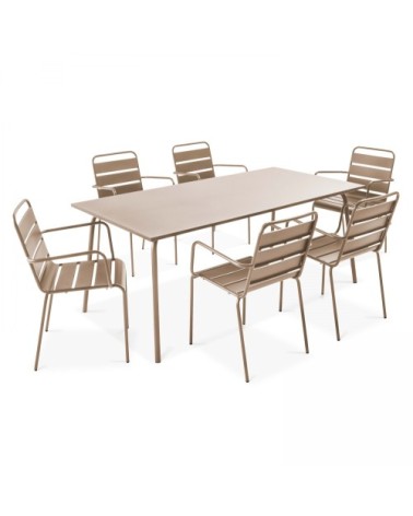 Ensemble table de jardin et 6 fauteuils en métal taupe