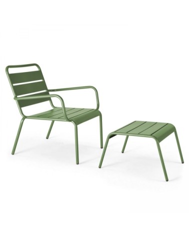 Fauteuil relax et repose pied en métal vert cactus