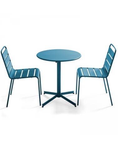 Ensemble table de jardin ronde et 2 chaises métal bleu pacific