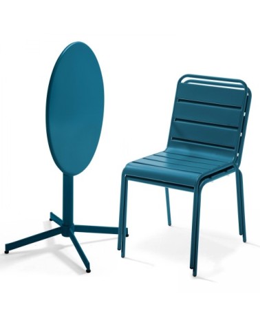 Ensemble table de jardin ronde et 2 chaises métal bleu pacific