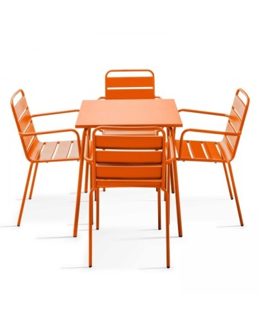 Ensemble table de jardin carrée et 4 fauteuils acier orange