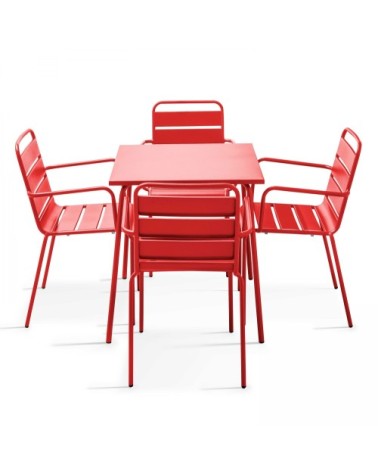 Ensemble table de jardin carrée et 4 fauteuils acier rouge