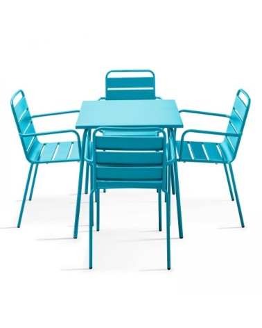 Ensemble table de jardin carrée et 4 fauteuils acier bleu