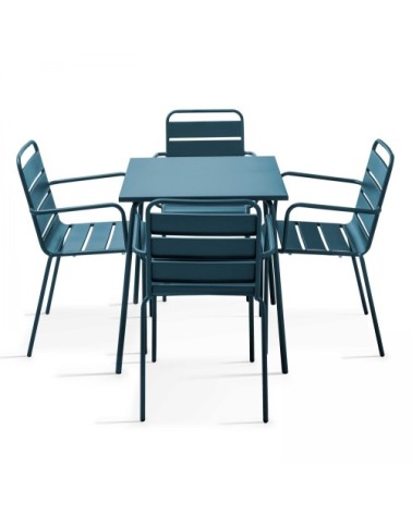 Ensemble table de jardin carrée et 4 fauteuils acier bleu pacific