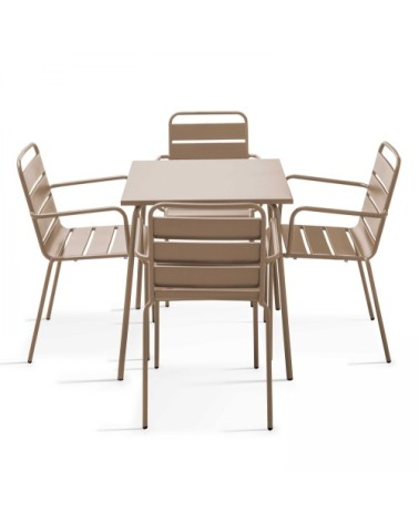 Ensemble table de jardin carrée et 4 fauteuils acier taupe