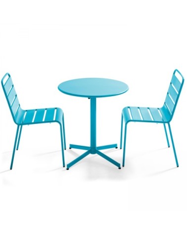 Ensemble table de jardin ronde et 2 chaises métal bleu