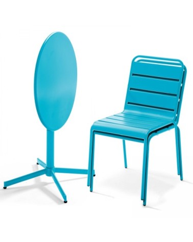 Ensemble table de jardin ronde et 2 chaises métal bleu