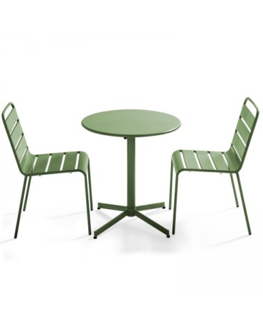 Ensemble table de jardin ronde et 2 chaises métal vert cactus