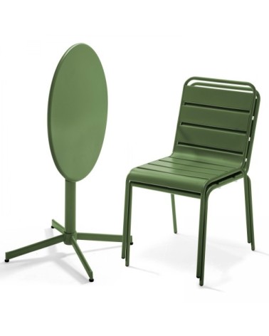 Ensemble table de jardin ronde et 2 chaises métal vert cactus