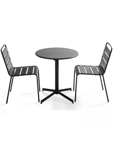 Ensemble table de jardin ronde et 2 chaises métal gris