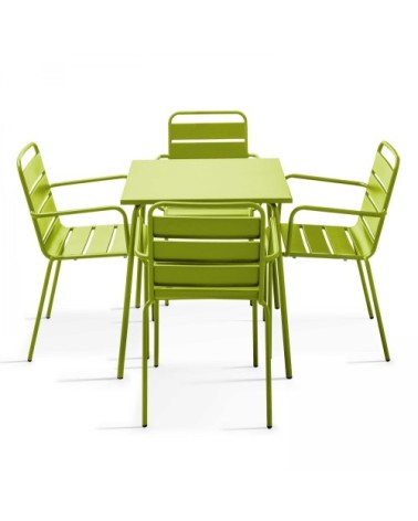 Ensemble table de jardin carrée et 4 fauteuils acier vert