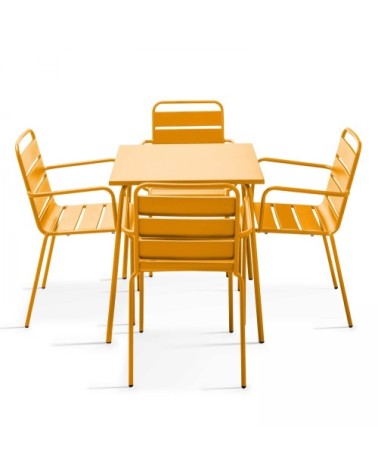 Ensemble table de jardin carrée et 4 fauteuils acier jaune