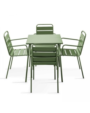 Ensemble table de jardin carrée et 4 fauteuils acier vert cactus