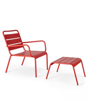 Lot 2 fauteuils relax avec repose-pieds métal gris et rouge