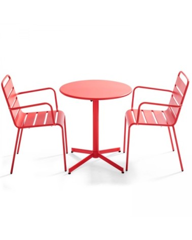 Ensemble table de jardin et 2 fauteuils métal rouge