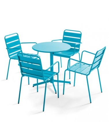 Ensemble table de jardin et 4 fauteuils métal bleu