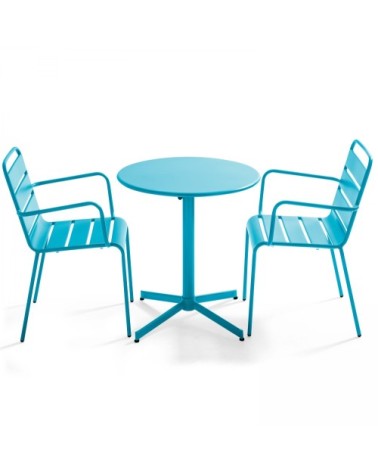 Ensemble table de jardin et 2 fauteuils métal bleu