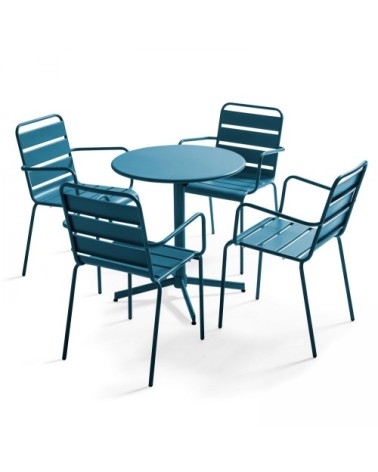 Ensemble table de jardin et 4 fauteuils métal bleu pacific