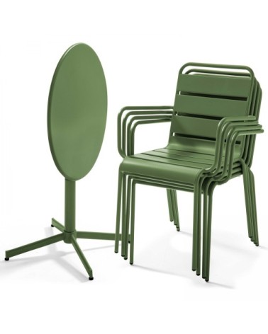 Ensemble table de jardin et 4 fauteuils métal vert cactus