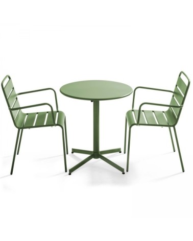 Ensemble table de jardin et 2 fauteuils métal vert cactus