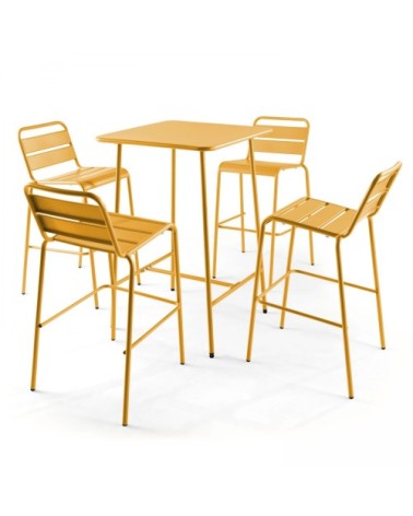 Ensemble table de bar et 4 chaises hautes en métal jaune
