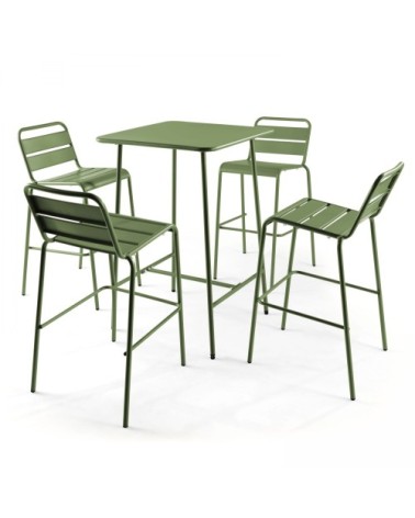 Ensemble table de bar et 4 chaises hautes en métal vert cactus