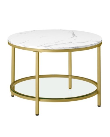 Table basse support en verre trempé blanc marbré et doré clair