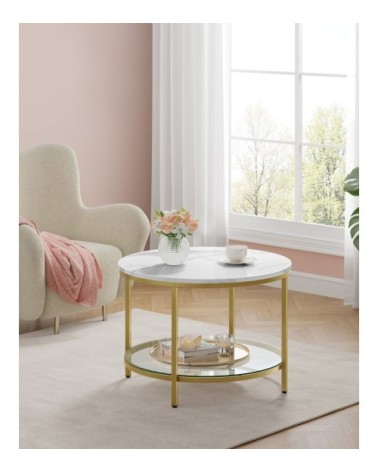 Table basse support en verre trempé blanc marbré et doré clair