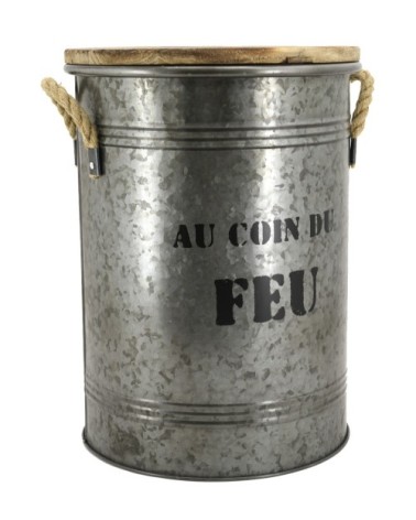 Tabouret et seau à pellets métal galvanisé au coin du feu