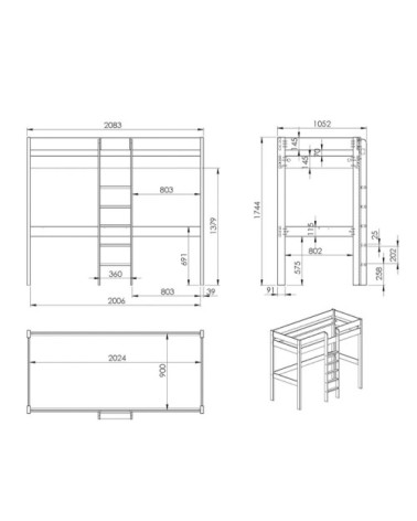 Lit mezzanine 90x200 sommier inclus bureau blanc