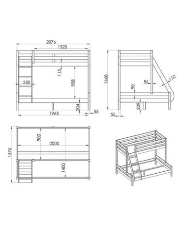 Lit superposé 90x200 140x200 sommier inclus naturel