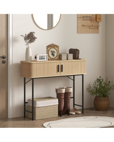 Console meuble portes coulissantes à lattes bois d'ingénierie chêne